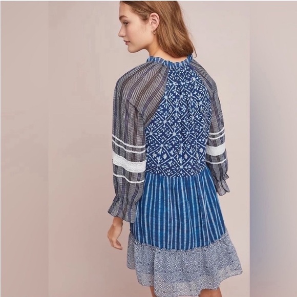 Hemant & Nandita Susan Indigo Dress Long Sheer Sleeve Gorgeous Mixed Boho Print - Picture 14 of 15